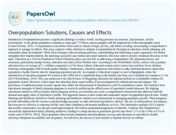 Essay on Overpopulation: Solutions, Causes and Effects