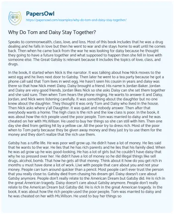 Essay on Why do Tom and Daisy Stay Together?