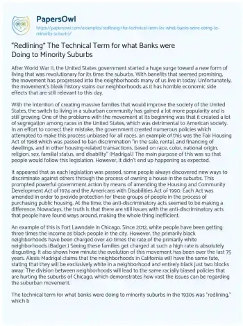 Essay on “Redlining” the Technical Term for what Banks were doing to Minority Suburbs