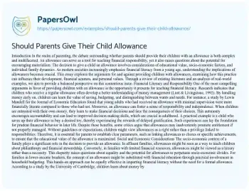 Essay on Should Parents Give their Child Allowance