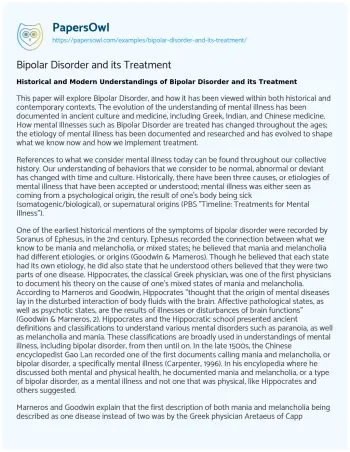 Essay on Bipolar Disorder and its Treatment