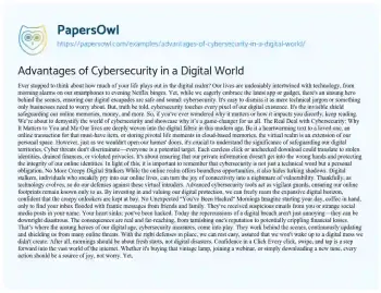 Essay on Advantages of Cybersecurity in a Digital World