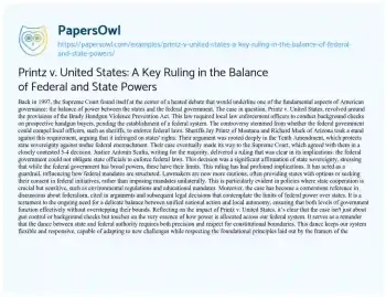 Essay on Printz V. United States: a Key Ruling in the Balance of Federal and State Powers