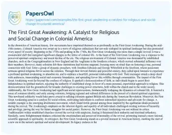 Essay on The First Great Awakening: a Catalyst for Religious and Social Change in Colonial America