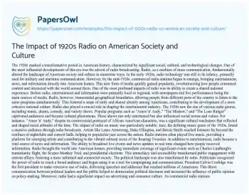 Essay on The Impact of 1920s Radio on American Society and Culture