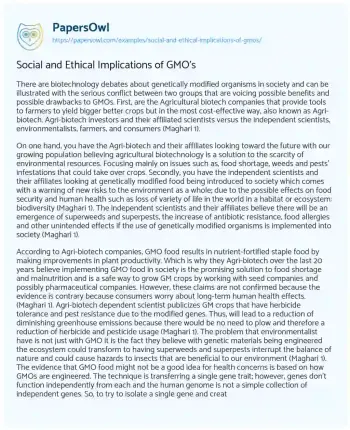 Essay on Social and Ethical Implications of GMO’s