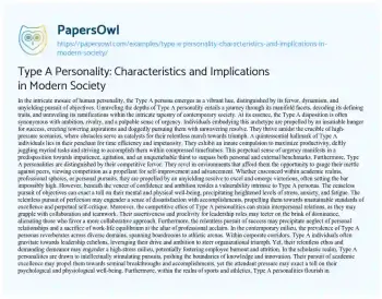 Essay on Type a Personality: Characteristics and Implications in Modern Society