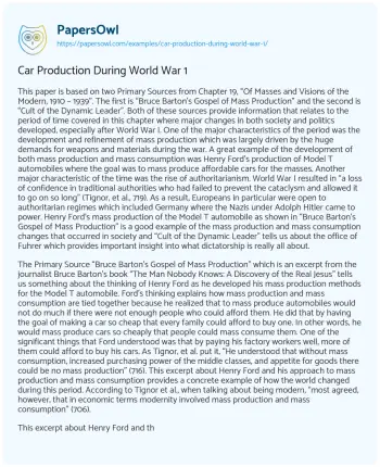 Essay on Car Production during World War 1