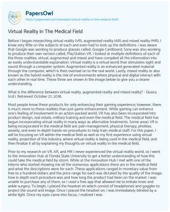 Essay on Virtual Reality in the Medical Field