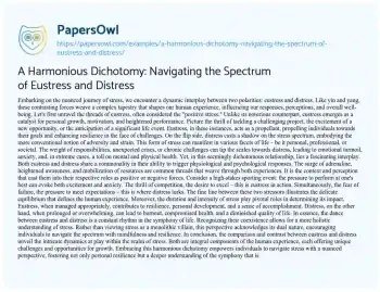 Essay on A Harmonious Dichotomy: Navigating the Spectrum of Eustress and Distress