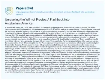 Essay on Unraveling the Wilmot Proviso: a Flashback into Antebellum America