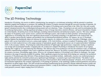 Essay on The 3D Printing Technology