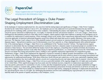 Essay on The Legal Precedent of Griggs V. Duke Power: Shaping Employment Discrimination Law