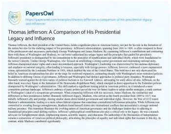 Essay on Thomas Jefferson: a Comparison of his Presidential Legacy and Influence