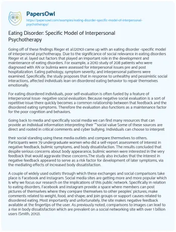 Essay on Eating Disorder: Specific Model of Interpersonal Psychotherapy