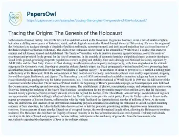 Essay on Tracing the Origins: the Genesis of the Holocaust