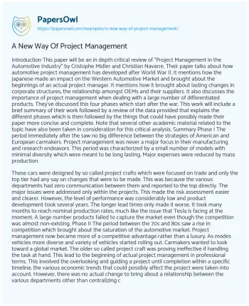 Essay on A New Way of Project Management