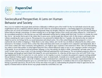 Essay on Sociocultural Perspective: a Lens on Human Behavior and Society