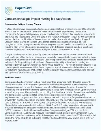 Essay on Compassion Fatigue Impact Nursing Job Satisfaction