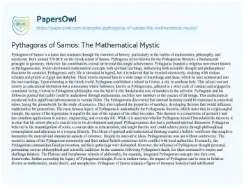 Essay on Pythagoras of Samos: the Mathematical Mystic