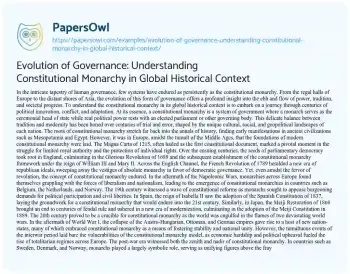 Essay on Evolution of Governance: Understanding Constitutional Monarchy in Global Historical Context