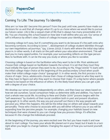 Essay on Coming to Life: the Journey to Identity