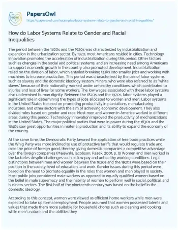 Essay on How do Labor Systems Relate to Gender and Racial Inequalities