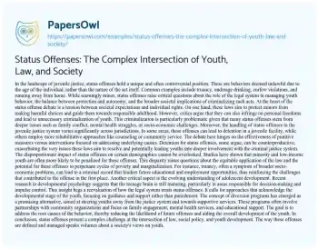 Essay on Status Offenses: the Complex Intersection of Youth, Law, and Society