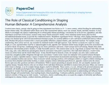 Essay on The Role of Classical Conditioning in Shaping Human Behavior: a Comprehensive Analysis