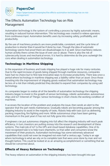 Essay on The Effects Automation Technology has on Risk Management