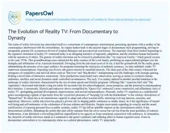 Essay on The Evolution of Reality TV: from Documentary to Dynasty