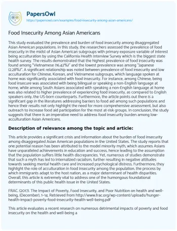 Essay on Food Insecurity Among Asian Americans