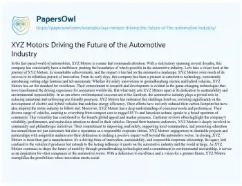 Essay on XYZ Motors: Driving the Future of the Automotive Industry