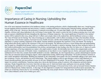 Essay on Importance of Caring in Nursing: Upholding the Human Essence in Healthcare