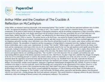 Essay on Arthur Miller and the Creation of the Crucible: a Reflection on McCarthyism