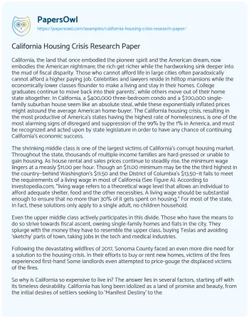 Essay on Housing Scarcity and Social Impact in Modern California