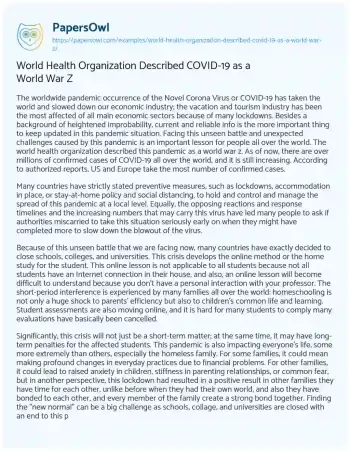 Essay on World Health Organization Described COVID-19 as a World War Z