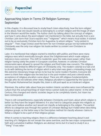 Essay on Approaching Islam in Terms of Religion Summary September