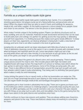 Essay on Fortnite as a Unique Battle Royale Style Game