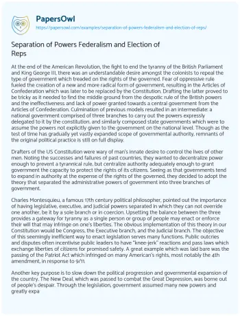 Essay on Separation of Powers Federalism and Election of Reps