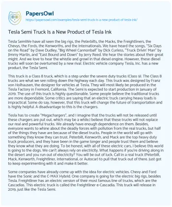 Essay on Tesla Semi Truck is a New Product of Tesla Ink