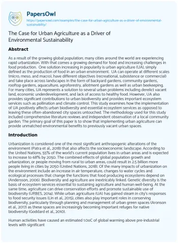 Essay on The Case for Urban Agriculture as a Driver of Environmental Sustainability