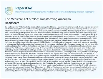 Essay on The Medicare Act of 1965: Transforming American Healthcare