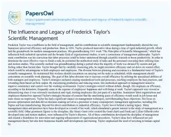 Essay on The Influence and Legacy of Frederick Taylor’s Scientific Management