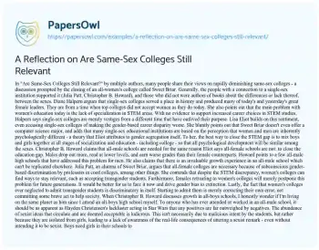 Essay on A Reflection on are Same-Sex Colleges Still Relevant