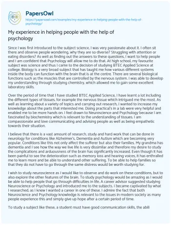 Essay on My Experience in Helping People with the Help of Psychology