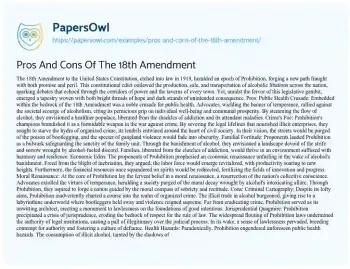 Essay on Pros and Cons of the 18th Amendment