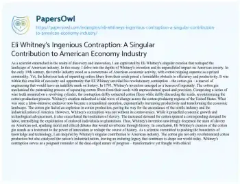 Essay on Eli Whitney’s Ingenious Contraption: a Singular Contribution to American Economy Industry