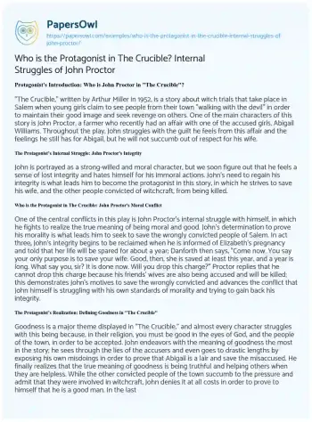 Essay on Who is the Protagonist in the Crucible? Internal Struggles of John Proctor