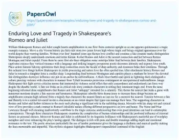 Essay on Enduring Love and Tragedy in Shakespeare’s Romeo and Juliet